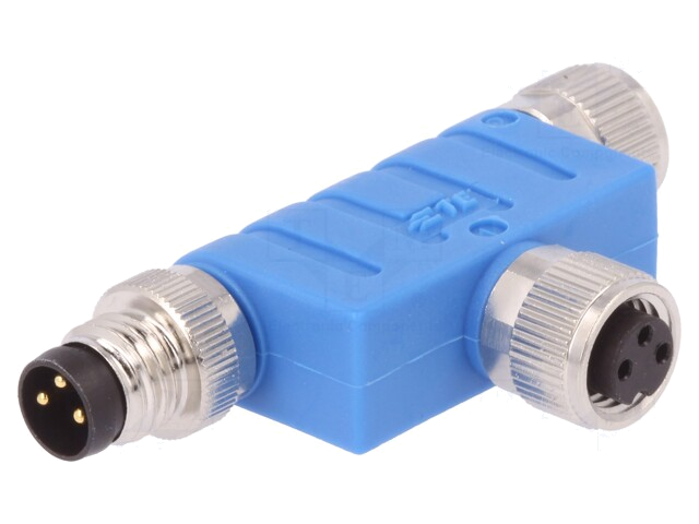 T-verbind; M8 mannelijk,M8 vrouwelijk x2; PIN: 3; T; IP67 T-verbind; M8 mannelijk,M8 vrouwelijk x2; PIN: 3; T; IP67